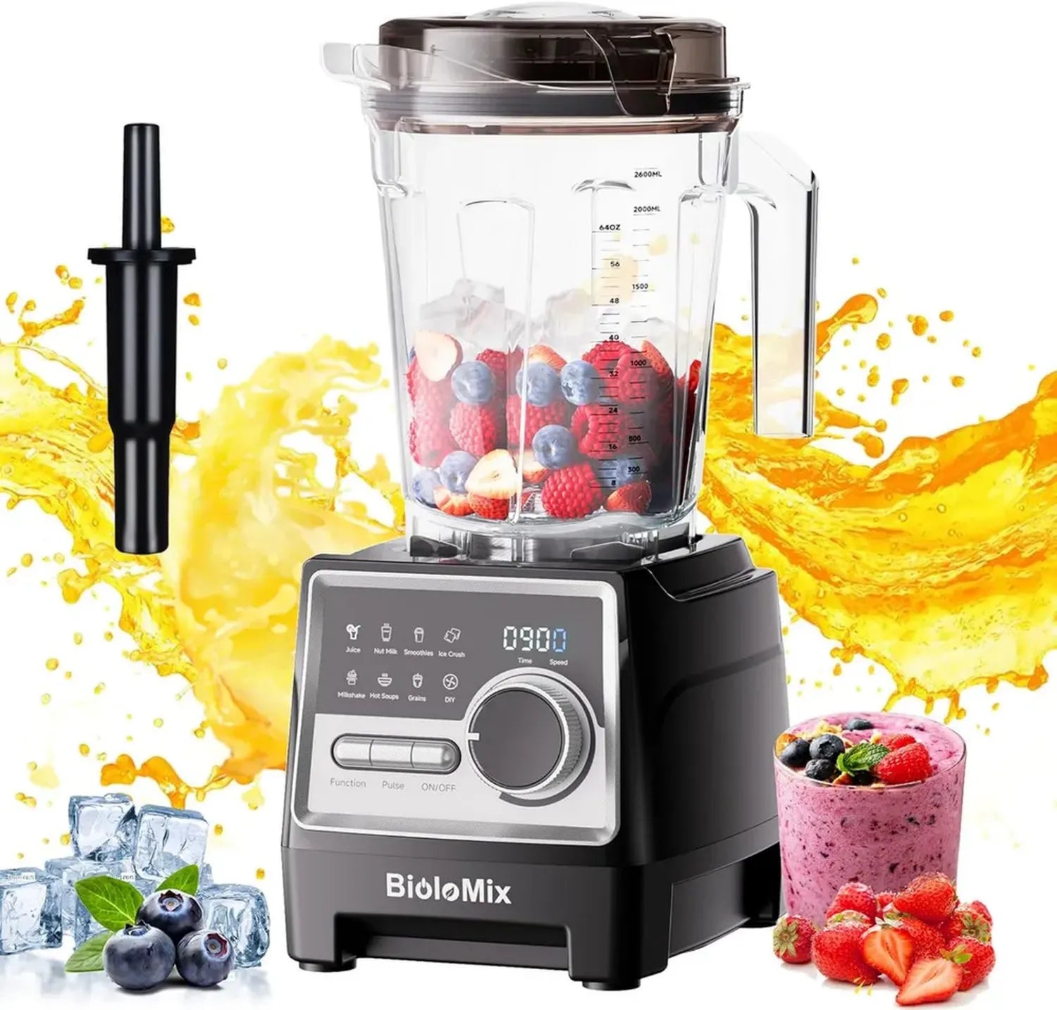 BioloMix 1500W Profi-Standmixer mit 2,6-Liter BPA-freiem Behälter, 6 Edelstahlklingen, 7 Programmen für Shakes und Smoothies