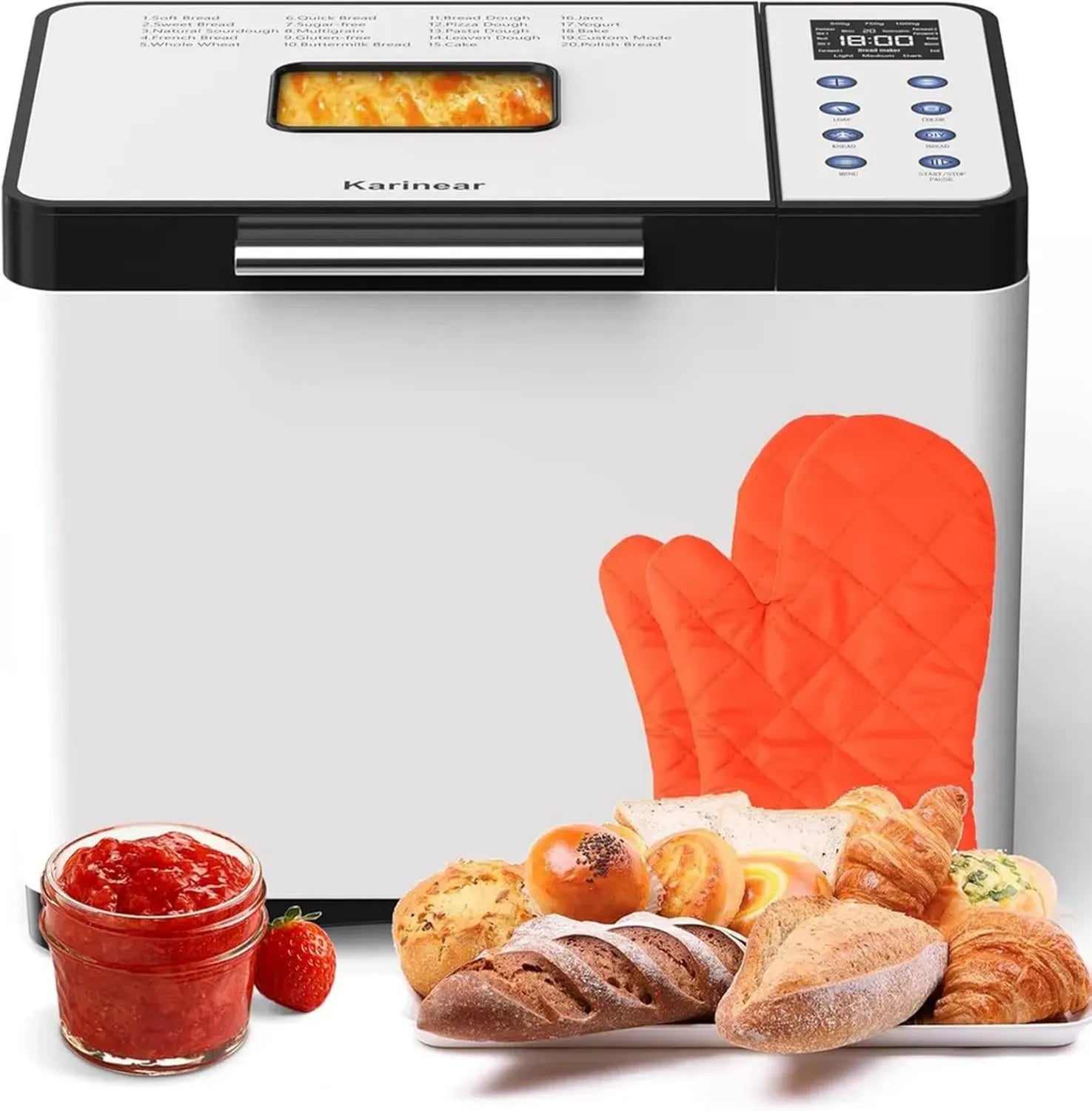Karinear Brotbackautomat, 20 Programme, Timer 15 Std., 2LB Edelstahl, 3 Laibgrößen, Weiß