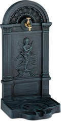 Nostalgischer Gartenbrunnen mit Engelmotiv, Wasserhahn & Becken, H: 83 cm, für Außenbereich, Grau-Grün