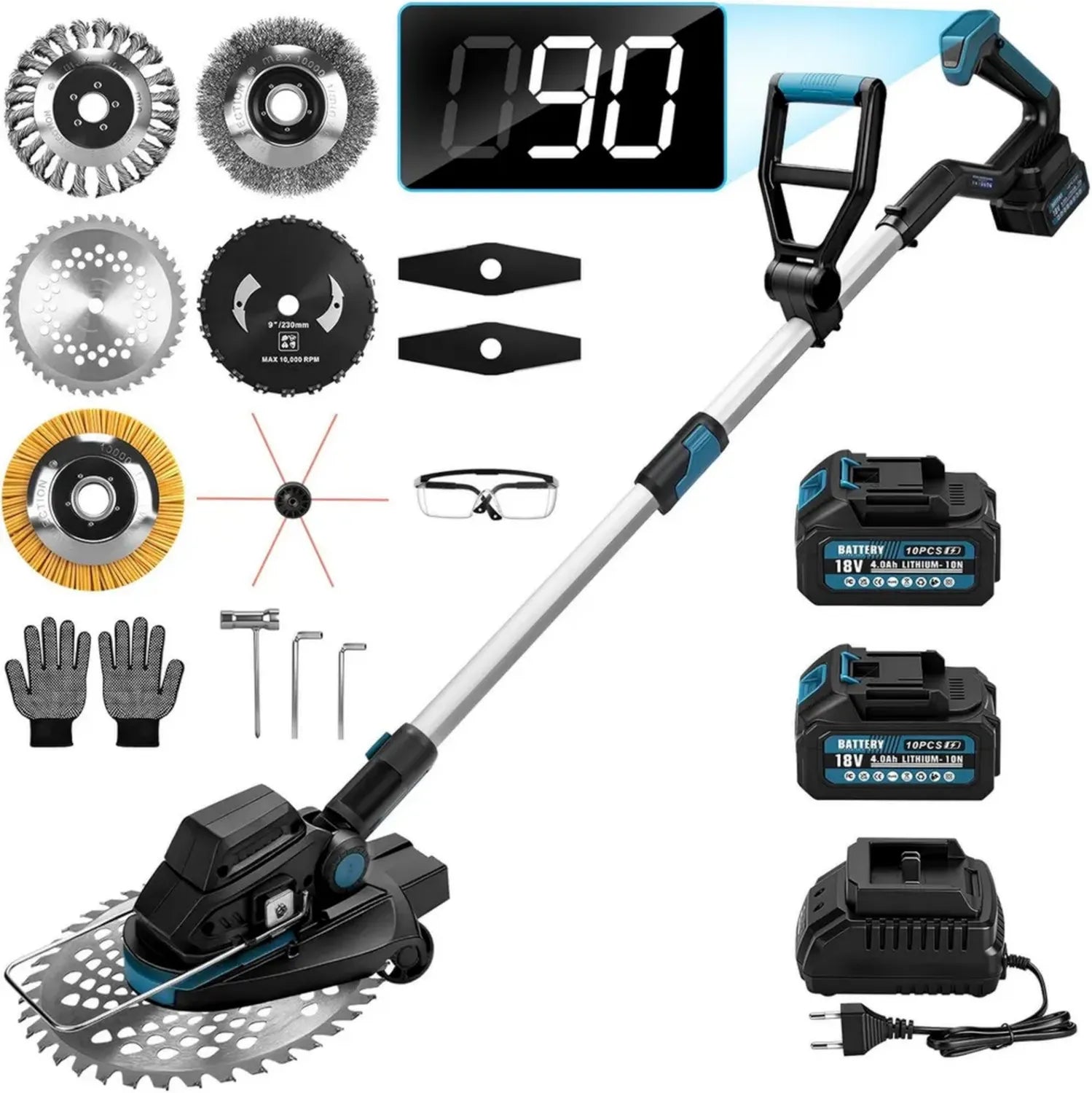 Akku Rasentrimmer 1200W mit Doppelladegerät, 7-in-1 Freischneider inkl. Unkrautbürste, 16800 U/min bürstenlos, 7 Klingen für Garten und Rasen