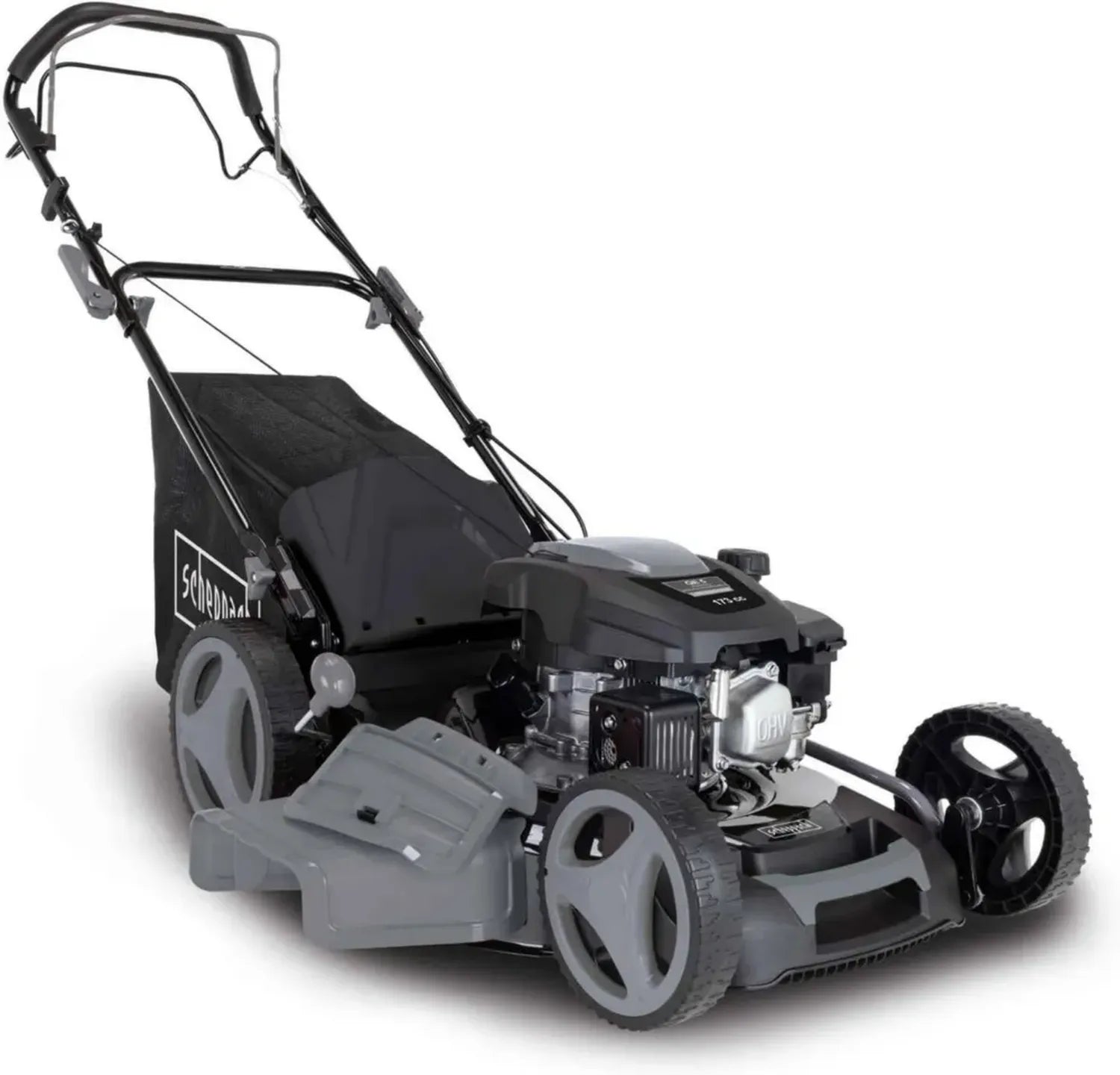 Scheppach Benzin-Rasenmäher MS173-51B Schwarz - 51 cm Schnittbreite, Selbstreinigung, 65 L Fangkorb, Stahlrahmen, 7-fache Höhenverstellung, Mulch- und Seitenauswurf