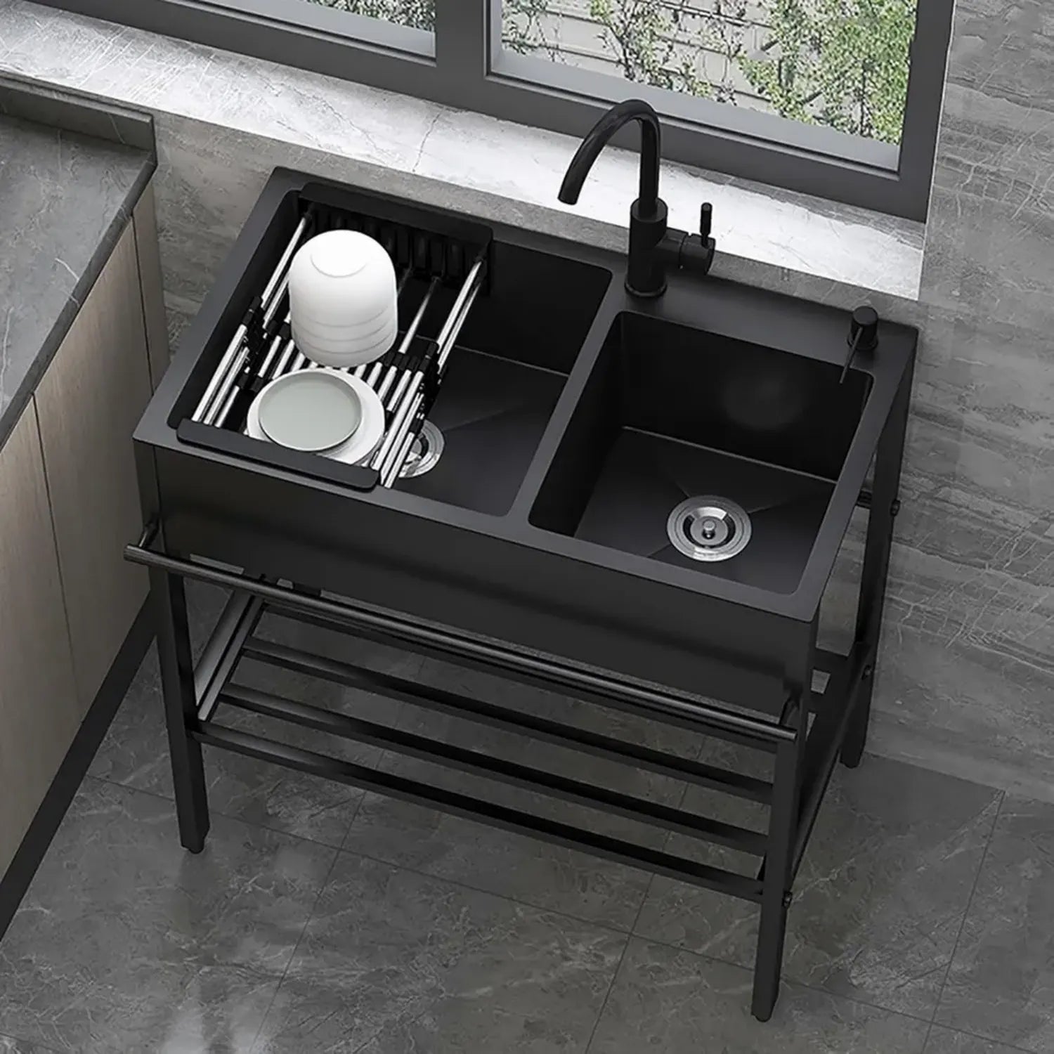 Robuste Doppelbecken-Edelstahlspüle mit Schrank und Wasserhahn für Innen und Außen