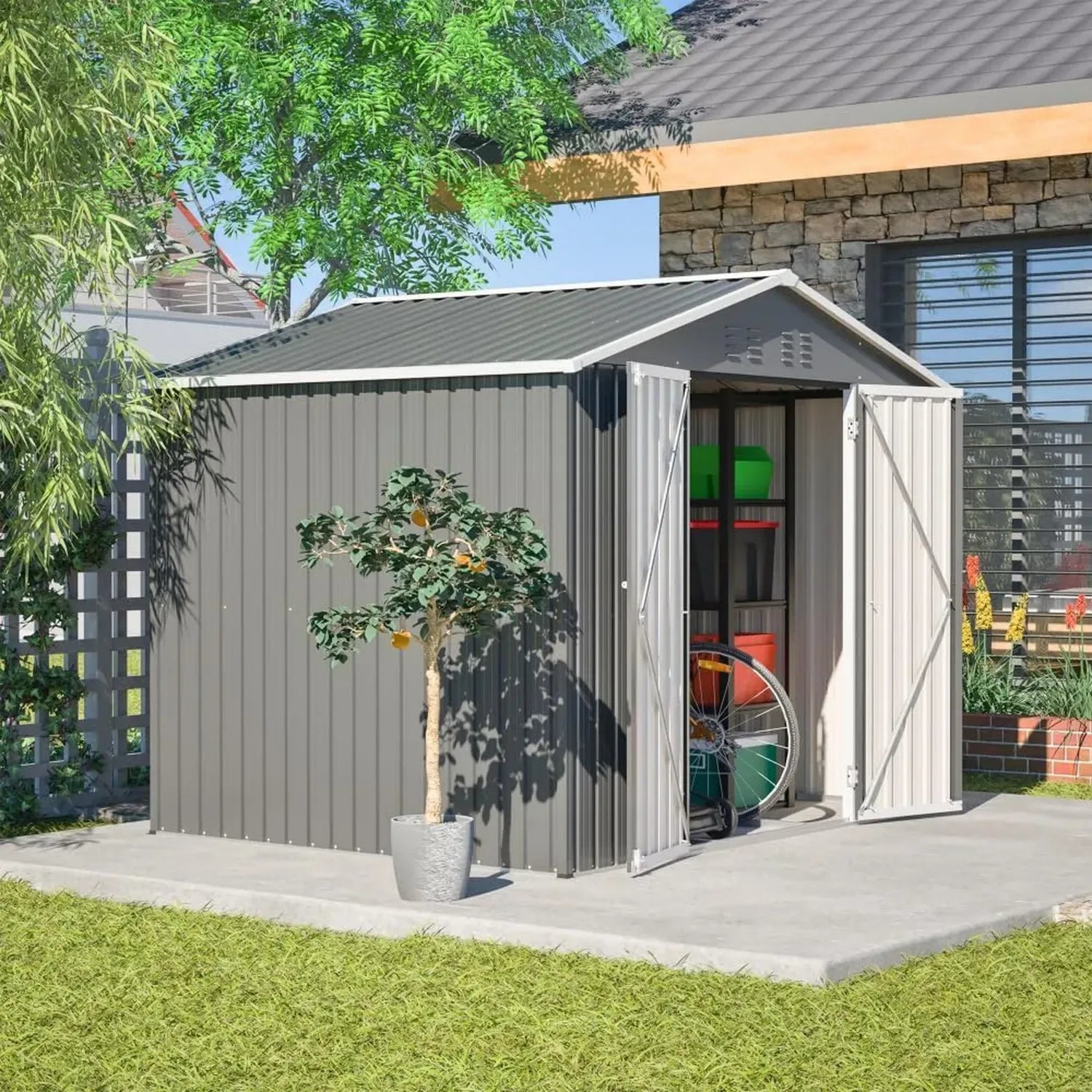 Grau Stahl Gerätehaus mit Schiebetür, 8x6FT Wetterfestes Gartenschuppen
