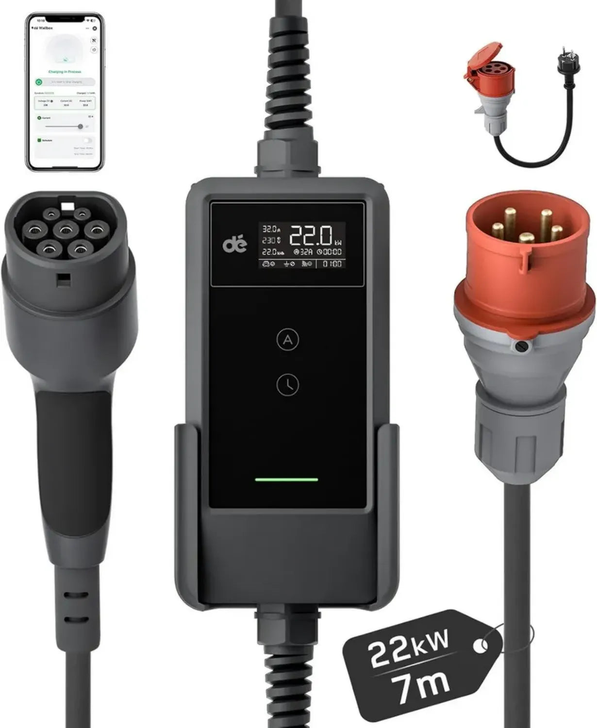 Leistungsstarke Mobile Wallbox 22kW mit App-Steuerung und Stromzähler - Inklusive 7m Typ-2 Ladekabel