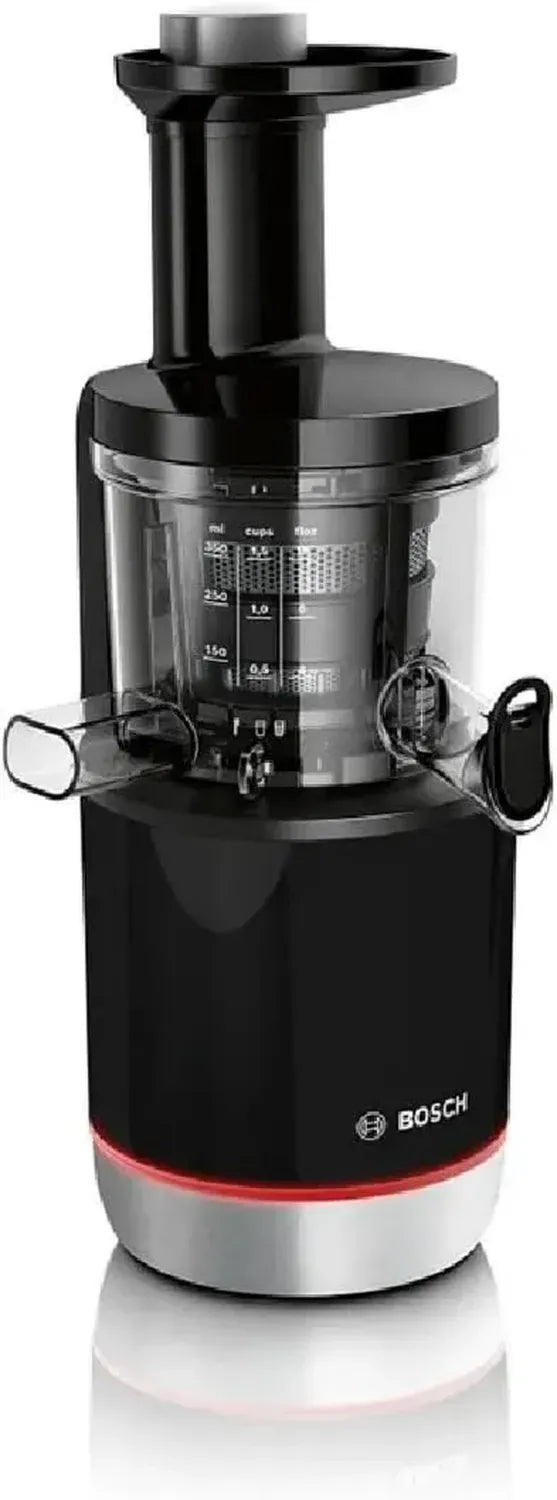 Bosch Slow Juicer, schonender Nährstofferhalt, leiser Betrieb, einfache Reinigung, 3 Siebe, für harte Früchte und Gemüse, BPA-frei, 150 W, schwarz