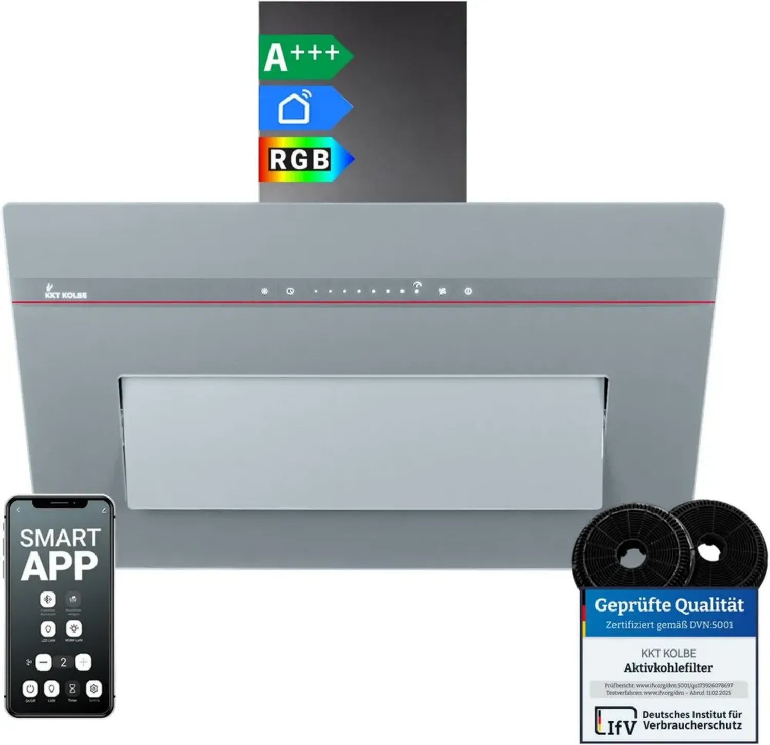 KKT KOLBE Kopffrei-Dunstabzugshaube 80 cm, Umluft/Abluft, Smart WiFi, RGBW LED, Glas Grau